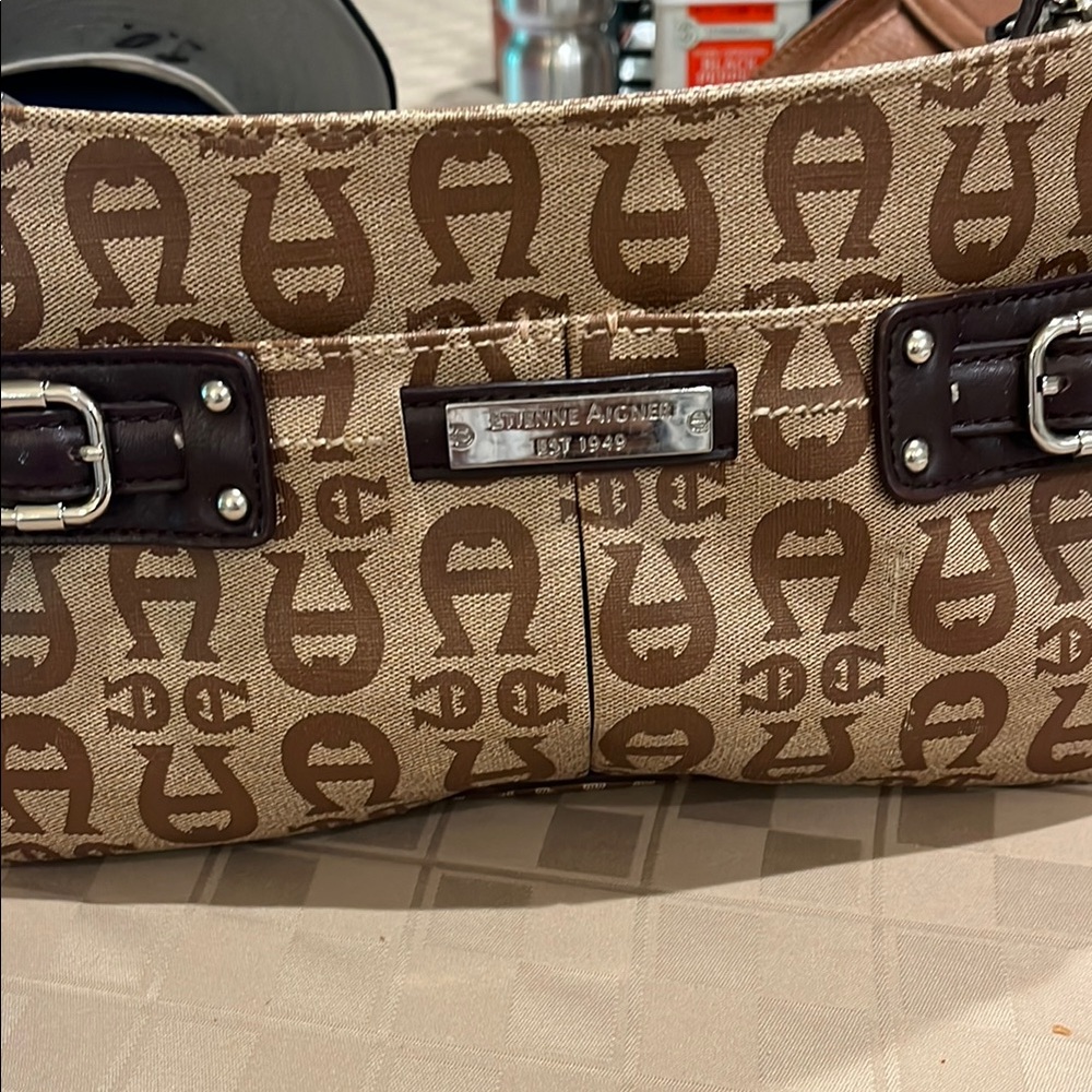 Etienne Aigner Tan and Brown Monogram Bag